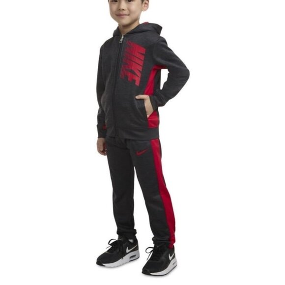 Nike Boys 2 Piece Size 4T Therma Fit Black Heather Sweatsuit NWT Gray Red Hoodie - Picture 1 of 12